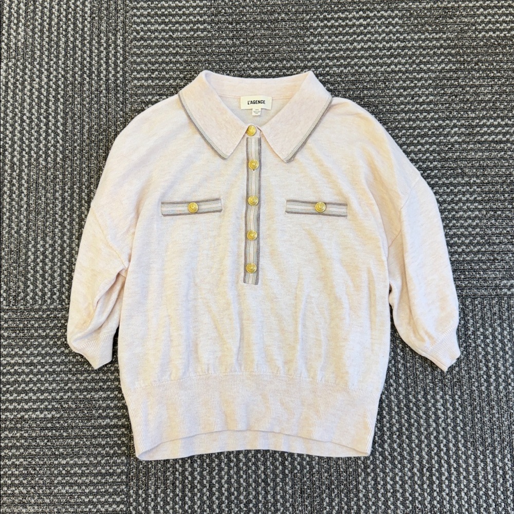 L’AGENCE Masaki Cropped Shortsleeve Sweater - Parchment/Cappuccino Gold, size M - Picture 4 of 8